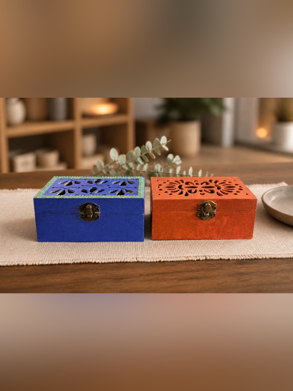 Handcrafted Blue and Orange Carved Wooden Trinket Boxes -2 Pack
